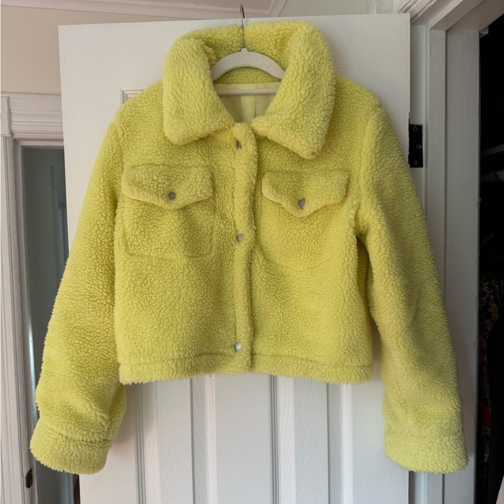 Yellow Sherpa Teddy Button Up Jacket Neon Bright Yellow Small